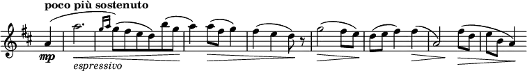 
\relative c'' \new Staff \with { \remove "Time_signature_engraver" } {
 \set Score.tempoHideNote = ##t \tempo "poco più sostenuto" 4=120 \key b \minor \time 3/4 \partial 4
 a4\mp( a'2._\markup \italic espressivo \< \grace { g16( [ a] } g8) ( fis e d) b'( g
 a4\!) a8\> ( fis g4) fis( e d8\! ) r g2\> ( fis8 e\! )
 d( e fis4) fis\> ( a,2*1/4) s4.\! fis'8\> ( d e b a4\! )
}
