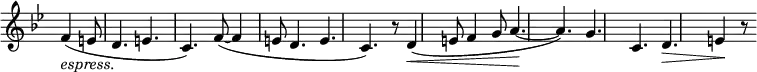 \relative c' \new Staff \with { \remove "Time_signature_engraver" } {
\key bes \major \time 6/8 \partial 4.
f4_\markup { \italic espress. } ( e8 d4. e c) f8~( f4 e8 d4. e c)
r8 d4\<( e8 f4 g8 a4.\!~ a) g c, d\> e4\! r8
}
