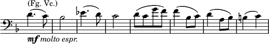
\relative c' \new Staff \with { \remove "Time_signature_engraver" } {
 \key d \minor \time 2/4 \clef bass
  d4.^\markup { (Fg. Vc.) } _\markup { \dynamic mf \italic { molto espr. } }
  ( c8) bes2 es4. ( d8) c2 d8([ c g' f]) f4( bes,8 c) d4( a8 bes) b4( c)
}
