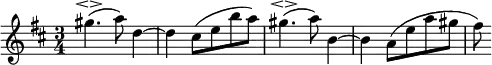 \relative c''' {
\time 3/4
\once \omit Score.MetronomeMark
\tempo 4 = 112
\key d \major
gis4.(\espressivo a8) d,4~ | d cis8[( e b' a]) | gis4.(\espressivo a8) b,4~ | b a8[( e' a gis] | fis)
}