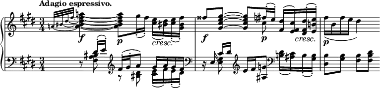 
 \relative c' {
  \new PianoStaff <<
   \new Staff { \key e \major \time 3/4 \tempo "Adagio espressivo."
    <<
     {
      s2. fisis'8\f <gis~ e~ cis~ gis~> <gis e cis gis> fis16-.\p( e-.)
      <dis fis,>16( << <cis fis, e>) { s32 s32\cresc } >> <dis fis, dis>16-.\! ( <e b! e,>-.) s2
     }
    \\
     {
      \set tieWaitForNote = ##t
      \grace { \stemUp a,!32~[ bis~ dis~ fis~] } \stemNeutral <a!~ fis~ dis~ bis~ a~>4\f <a fis dis bis a>8\p
      gis16-.( fis-.) <e cis>\cresc( <dis bis!>\!) <e cis>-.( <fis bis, gis>-.) s4. cis8 s4 fis16\p( b, fis' e dis4)
     }
    >>
   }
   \new Staff { \key e \major \time 3/4 \clef bass
    <<
     {
      \grace s8 d,,8\rest \stemUp dis'16-.^\( e-.\) \clef treble fis-.( gis-. a8) gis16 a gis fis \clef bass
      d,16\rest e cis'[ dis] \clef treble e fis <g ais,>8 \clef bass s4 s2
     }
    \\
     {
      s8 <bis, a fis>8 r <dis bis!> <e cis>16( fis) e-.( dis-.)
      s8 <gis, e>8 s4 <dis' b!>16( <cis ais>) b-.( <b gis>-.) <b dis,>8[ <b gis>] <b fis>[ <dis b fis>]
     }
    >>
   }
  >>
 }
