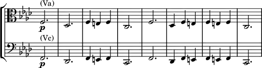 \new StaffGroup <<
\relative c' \new Staff \with { \remove "Time_signature_engraver" } { \key f \minor \time 3/4 \clef C
f,2.\p ^\markup{ (Va) } des f4 e f c2. f des4 f e f e f c2. }
\relative c' \new Staff \with { \remove "Time_signature_engraver" } { \key f \minor \time 3/4 \clef bass
f,,2.\p ^\markup{ (Vc) } des f4 e f c2. f des4 f e f e f c2. }
>>
