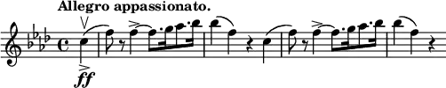 
\relative c'' {
 \key f \minor \time 4/4 \set Score.tempoHideNote = ##t \tempo "Allegro appassionato." 2=80 \partial 4
 c4_> \ff \upbow ( f8) r f4-> ~ f8.[ g16 aes8. bes16] bes4( f) r c( f8) r f4-> ~ f8.[ g16 aes8. bes16] bes4( f) r
}

