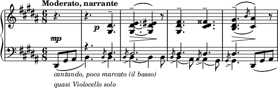 \relative c' {
\new PianoStaff <<
\new Staff { \key gis \minor \time 6/8 \set Score.tempoHideNote = ##t
\tempo "Moderato, narrante" 4.=72 \partial 4.
r4. r4.*2/3 s8\p <dis gis,>4.^- <e dis_~ gis,~>^- ^( <eis dis gis,>4) r8
<fis dis gis,>4.^- <fisis dis cis>^- <gis dis b>^-( ^\( \slashedGrace b8 <ais cis,>4\) ) r8
}
\new Dynamics {
s4.\mp s s s\> s\! s s s\> s\!
}
\new Staff { \key gis \minor \time 6/8 \clef bass
<<
{ s4. r dis,, dis2. dis4. dis dis s }
\\
{
\stemUp dis,8_\markup {
\column {
\line \fontsize #-1 { \italic { cantando, poco marcato (il basso) } }
\line \fontsize #-1 { \italic { quasi Violocello solo } }
}
} ( gis ais \stemDown b4.) \once \stemUp \slashedGrace b8--~ b4.
\once \stemUp \slashedGrace b8--~ b4.~ b4 b8
\once \stemUp \slashedGrace b8--~ b4( ais8)
\once \stemUp \slashedGrace ais8--~ ais4( gis8)
\once \stemUp \slashedGrace gis8--~ gis4.
\stemUp \shape #'((0 . 0) (0 . -0.5) (1 . -1) (1.5 . -1.5)) Slur dis8( gis ais)
}
>>
}
>>
}