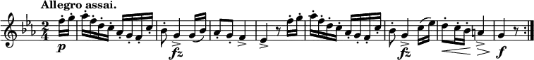 \relative c'' {
\key es \major \time 2/4 \set Score.tempoHideNote = ##t \tempo "Allegro assai." 4=126 \partial 8
f16-.\p g-. aes-. f-. d-. c-. aes-. g-. f-. c'-. bes8-. g4-> \fz g16( bes) aes8-. g-. f4-> es-> r8
f'16-. g-. aes-. f-. d-. c-. aes-. g-. f-. c'-. bes8-. g4-> \fz c16( es) d8-.\< c16-. bes-.\! a4-> \> g\f r8 \bar ":|."
}
