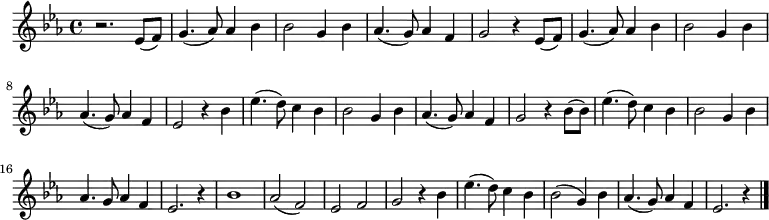 \relative c' {
\new PianoStaff <<
\new Staff { \key es \major \time 4/4 \set Staff.midiInstrument = #"violin"
r2. ees8( f)| g4.( aes8) aes4 bes4| bes2 g4 bes4| aes4.( g8) aes4 f4| g2 r4 ees8( f)|
g4.( aes8) aes4 bes4| bes2 g4 bes4| aes4.( g8) aes4 f4| ees2 r4 bes'4|
ees4.( d8) c4 bes4| bes2 g4 bes4| aes4.( g8) aes4 f4| g2 r4 bes8( bes)|
ees4. (d8) c4 bes4| bes2 g4 bes4| aes4. g8 aes4 f4| ees2. r4|
bes'1| aes2( f)| ees2 f2| g2 r4 bes4| ees4.( d8) c4 bes4| bes2( g4) bes4| aes4.( g8) aes4 f4| ees2. r4 \bar "|."
}
>>
}