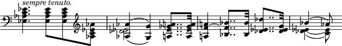 
 \relative c' {
  \new Staff \with { \remove "Time_signature_engraver" } { \key c \major \time 3/4 \clef bass
   <<
    {
     \stemDown <es c aes es>4. ^\markup \italic { sempre tenuto. } <es c aes es>8 <es c aes es> \clef treble <aes es c aes>
     \stemUp <aes aes,>4( _\( <g g,>) \) <a! ges es a,!>8.. <a ges es a,>32
     <a! f~ a,!>4 <bes f bes,>8.. <bes bes,>32 <des es, des>8.. <g, es des>32 bes4( aes8)
    }
   \\
    { s2. <es des>2 s4 s2. <es~ des>4( <es c>8)  }
   >>
  }
}
