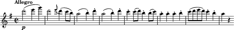 \version "2.18.2"
\relative c'' {
\key g \major
\time 2/2
\tempo "Allegro "
\tempo 4 = 220
d'2 \p (e4 g)
d2 \grace e8 (d4) (c8 b)
a2 (b4-.) d-.
a2 (b4-.) d-.
c-. c8 (d) b4-. b8 (c)
a4-. a-. a-. b-.
c8 (d e d) c4-. b-.
a r
}