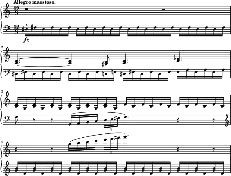 
 \relative c' {
  \new PianoStaff <<
   \new Staff { \key a \minor \time 12/8 
    \tempo \markup {
     \column {
      \line { Allegro maestoso. }
 }
   }
      r1 r2 <a c>4.~ <a c>4 <gis b>8 <a c>4. <c ees>4. <b d>16[ g <b d> g <b d> g] <b d>16[ g <b d> g <b d> g] d'16[ b d b d b] d16[ b d b d b] r4 r8 g''16([ a b c] \tuplet 3/2 {d16 e fis} g4.)r4 r8
   }
   \new Staff { \key a \minor \time 12/8 \clef bass
      dis,,,16-^\fz[ fis dis fis dis fis] dis16[ fis dis fis dis fis] dis16[ fis dis fis dis fis] dis16[ fis dis fis dis fis] dis16[ fis dis fis dis fis] dis16[ fis dis fis d f] dis16[ fis dis fis dis fis] fis16[a fis a fis a] g8 r r g,16([ a b c] \tuplet 3/2 {d16 e fis} g4.) r4 r8 \clef treble <g' b>16[ d <g b> d <g b> d] <g b>16[ d <g b> d <g b> d] <g b>16[ d <g b> d <g b> d] <g b>16[ d <g b> d <g b> d]
   }
  >>
 }
