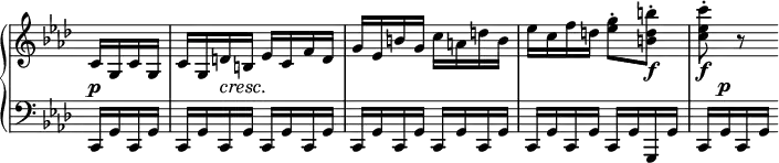 \relative c' {
\new PianoStaff <<
\new Staff \with { \remove "Time_signature_engraver" } { \key aes \major \time 2/4 \partial 4
c16 g c g c g d' b es c f d g es b' g c a d b es c f d <g es>8-. <b d, b>-.\f <c es, c>-.\f r
}
\new Dynamics {
s4\p s8 s\cresc s\!
}
\new Staff \with { \remove "Time_signature_engraver" } { \key aes \major \time 2/4 \clef bass
c,,,,16 g' c, g' | c, g' c, g' c, g' c, g' | c, g' c, g' c, g' c, g' |
c, g' c, g' c, g' g, g' | c, g'^\p c, g'
}
>>
}