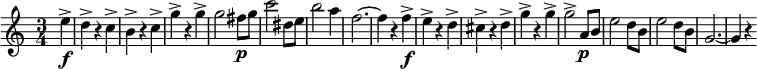 { \key a \minor \time 3/4 \relative c' { \partial 4 \set Score.tempoHideNote = ##t \tempo 2. = 52 e'->\f d-> r c-> b-> r c-> g'-> r g-> g2 fis8\p g c2 dis,8 e b'2 a4 f2.~ f4 r f->\f e-> r d-> cis-> r d-> g-> r g-> g2-> a,8\p b e2 d8 b e2 d8 b g2.~ g4 r } }