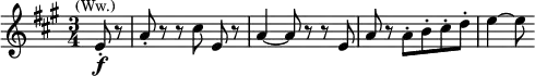 
  \relative c' { \clef treble \time 3/4 \key a \major \partial 4*1 e8-.\f^\markup{\center-align \smaller (Ww.)} r | a-. r r \autoBeamOff cis e, r | a4~ a8 r r e | a r \autoBeamOn a-.[ b-. cis-. d-.] | e4~ e8 }
