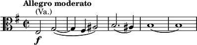 \relative e { \clef alto \key e \minor \time 2/2 \tempo "Allegro moderato" e2^\markup { (Va.)}_\markup { \dynamic f } g~( | g4 fis ais2) | b2.( ais4) | b1( | b) }