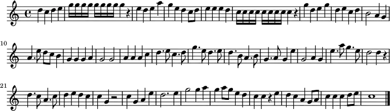 {
#(set-default-paper-size "a7")
#(set-global-staff-size 12)
\once \omit Score.MetronomeMark
\tempo 2 = 108
\time 4/4
\override Score.SpacingSpanner #'common-shortest-duration = #(ly:make-moment 1 2)
\relative c'' {d4 c d e g16 g g g g g g g g4 r e4 d e a g e d c8 d
e4 e e d c16 c c c c c c c c4 r g' d e g d e c d b2 a4 g
a4. e'8 d c b4 g g g a g2 g a4 a a c d4. e8 c4. d8
g4. e8 d4. e8 d4. b8 a4. b8 g4. a8 g4 e' g,2 a4 g e'4. a8 g4. e8
d2 d4 r d4. c8 a4. c8 d4 e d c c g r2 c4 g a e' d2. e4
g2 g4 a g4 a8 g e4 d c c r e d c a g8 a c4 c c d8 e c1
}\bar "|."
}
