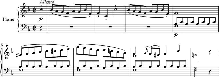 \version "2.18.2"
\header {
tagline = ##f
}
upper = \relative c' {
\clef treble
\key f \major
\time 2/2
\tempo "Allegro"
\tempo 4 = 180
%\autoBeamOff
\partial 4 c'4-! \p^\markup \italic { Allegro }
bes8 (a g f a g bes e,)
f4-! c-! c'2-!
bes8 (a g f a g bes e,)
f1
fis8 (g a bes c cis d e)
g (f e d d c! bes a)
<< {g4 \grace a16 (g8) (fis) g4 c} \\ {e,1} >>
f!2 r4
}
lower = \relative c {
\clef bass
\key f \major
\time 2/2
\set Staff.midiMinimumVolume = #0.2 \set Staff.midiMaximumVolume = #0.5
\partial 4 r4 R1 R1 R1
<<{\repeat unfold 4 {a'8 c} \repeat unfold 4 {bes8 c} \repeat unfold 4 {a8 c} \repeat unfold 4 {bes8 c}} \\ {f,1\p f f f}>>
<<{a2} \\ {f2}>> r4
}
\score {
\new PianoStaff <<
\set PianoStaff.instrumentName = #"Piano"
\new Staff = "upper" \upper
\new Staff = "lower" \lower
>>
\layout {
\context {
\Score
\remove "Metronome_mark_engraver"
}
}
\midi { }
}