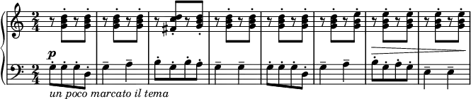 
{  \new PianoStaff <<
    \new Staff = "RH" \relative c'' { \clef treble \key c \major \time 2/4 
     r8 <d b g>-.[ r <d b g>-.] | r8 <d b g>-.[ r <d b g>-.] |
     r8 <d c fis,>-.[ r <d b g>-.] | r8 <d b g>-.[ r <d b g>-.] 
     r8 <d b g>-.[ r <d b g>-.] | r8 <d b g>-.[ r <e b g>-.] |
     r8 <e b g>-.[ r <e b g>-.] | r8 <e b g>-.[ r <e b g>-.] }
    \new Staff = "LH" \relative c' { \clef bass \key c \major  \time 2/4
     g8^\p-\markup { \italic {un poco marcato il tema}}-.[ g-. g-. d-. ] | g4-- a4-- |
     b8-.[ g-. b-. a-. ] | g4-- g4-- | g8-.[ g-. g-. d-. ] | g4-- a4-- |
     b8-.[^\> g-. a-. g-. ] | e4-- e4-- |\!}
   >> }
