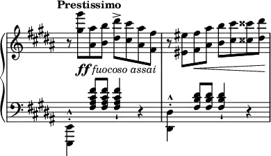\new GrandStaff <<
\new Staff {\relative b' {\key b \major \omit Staff.TimeSignature \time 4/4 \tempo "Prestissimo"
{r8 <gis' gis'>8_\markup {\dynamic ff \italic {fuocoso assai}} <ais, ais'> <b b'> <dis dis'>-> <cis cis'> <ais ais'> <fis fis'> r <eis eis'> <fis fis'>\< <ais ais'> <b b'> <cis cis'> <cisis cisis'> <dis dis'>\!}
}}
\new Staff {\relative b, {\clef bass \key b \major \omit Staff.TimeSignature \time 4/4
{\once \stemDown <e,, e'>4-.-^ \stemUp <fis'' ais cis fis>8 q q4-! r \stemDown <dis, dis'>4-.-^ \stemUp <fis' b dis>8 q q4-! r}
}} >>
