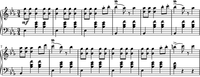 \relative d' {
\new PianoStaff <<
\new Staff { \key c \minor \time 3/4
\set Score.tempoHideNote = ##t \tempo "" 2. = 56
<bes' g'>8 <bes g'> <bes g'>4 <bes g'>8 <bes g'> <bes g'>4 <bes g'>8 <bes g'> <bes g'>4 <bes g'>8 <bes g'> <bes g'>4 aes'8-. bes-. bes4->\mordent( aes8) r aes4 <d, aes'>8 <d aes'> <d aes'>4 bes'8-. c-. bes4->\mordent( aes8) r aes4 <d, aes'>8 <d aes'> <d aes'>4 bes'8 d c4->\mordent( bes8) r bes4 <bes, g'>8 <bes g'> <bes g'>4 <bes g'>8 <bes g'> <bes g'>4 <bes g'>8 <bes g'> <bes g'>4 <bes g'>8 <bes g'> <bes g'>4 aes'8-. bes-. b4->( c8) r c4
}
\new Dynamics {
s\mf
}
\new Staff { \key c \minor \time 3/4 \clef bass
ees,,,4 <bes' ees g> <bes ees g> ees, <bes' ees g> <bes ees g> ees, <bes' ees g> <bes ees g> bes, <bes' d aes'> <bes d aes'> bes, <bes' d aes'> <bes d aes'> bes, <bes' d aes'> <bes d aes'> bes, <bes' d aes'> <bes d aes'> ees, <bes' ees g> <bes ees g> ees, <bes' ees g> <bes ees g> ees, <bes' ees g> <bes ees g> ees, <bes' ees g> <bes ees g> <aes c f> r r
}
>>
}