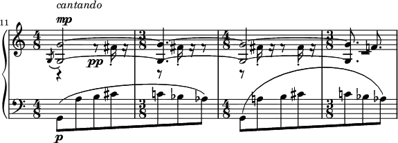 
 \relative c' {
  \new PianoStaff <<
   \new Staff { \key c \major \set Score.tempoHideNote = ##t \tempo "" 4.=96 \time 4/8
    \set Score.currentBarNumber = #11 \bar ""
    <<
     {
      \autoBeamOff
      \slashedGrace g8_\( <g'~ g,~>2\) ^\markup {
       \column {
        \line { \italic cantando }
        \line { \dynamic mp }
       }
      } \time 3/8 <g~ g,~>4. \time 4/8 <g~ g,~>2 \time 3/8 <g~ g,~>8. f!8.
     }
    \\
     {
      r4 f8\rest\pp fis16-. f\rest r8 fis16-. f\rest f8\rest
      r fis16-. f\rest f8\rest fis16-. f\rest
      \override MultiMeasureRest.staff-position = #-7
      R4.
     }
    >>
   }
   \new Dynamics {
   }
   \new Staff { \key c \major \time 4/8 \clef bass
    \grace s8 g,,_\p( [ a' b cis c! bes aes] ) g,( [ a'! b cis c! bes aes] )
   }
  >>
 }
