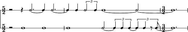 
<<
  \new RhythmicStaff { \new Voice = "myRhythm"
   { \time 5/2 r2 r4 f2.~f4 ees2.~ | ees4 fis4 \tuplet 3/2 { f2 b4 }  dis1~dis2~ | \time 3/2 dis1. |}}
  \new RhythmicStaff { \new Voice = "myRhythm"
   { \time 5/2  r2 g1 e1 | a1 g2~ \tuplet 3/2 { g4 ees4 d4~ } \tuplet 3/2 { d4 b4 r8 e8~ } | \time 3/2  e1. |}}
>>
