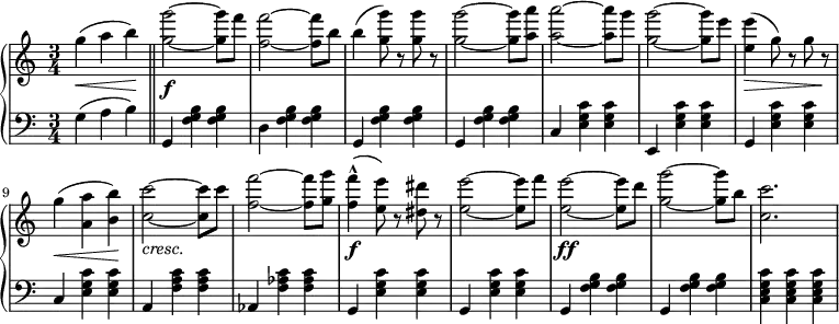 \relative c' {
\new PianoStaff <<
\new Staff { \key a \minor \time 3/4
\set Score.tempoHideNote = ##t
\tempo "" 2. = 64
g''\<( a b\!) \bar "||" <g' g,>2~\f <g g,>8 f <f f,>2~ <f f,>8 b, b4( <g' g,>8) r <g g,> r <g g,>2~ <g g,>8 <a a,> <a a,>2~ <a a,>8 g <g g,>2~ <g g,>8 e <e e,>4\>( g,8) r g r\! g4\<( <a a,> <b b,>)\! <c c,>2~_\markup { \italic cresc. } <c c,>8 c <f f,>2~ <f f,>8 <g g,> <f f,>4-^\f( <e e,>8) r <dis dis,> r <e e,>2~ <e e,>8 f <e e,>2~\ff <e e,>8 d <g g,>2~ <g g,>8 b, <c c,>2.
}
\new Staff { \key a \minor \time 3/4 \clef bass
g,,4( a b) g, <f' g b> <f g b> d <f g b> <f g b> g, <f' g b> <f g b> g, <f' g b> <f g b> c <e g c> <e g c> e, <e' g c> <e g c> g, <e' g c> <e g c> c <e g c> <e g c> a, <f' a c> <f a c> aes, <f' aes c> <f aes c> g, <e' g c> <e g c> g, <e' g c> <e g c> g, <f' g b> <f g b> g, <f' g b> <f g b> <c e g c> <c e g c> <c e g c>
}
>>
}