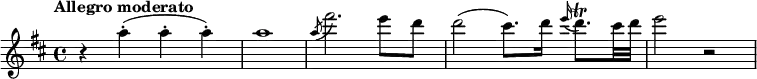 \version "2.18.2"
\relative c'' {\set Staff.midiInstrument = #"violin"
\key d \major
\time 4/4
\tempo "Allegro moderato"
\tempo 4 = 180
r4 a'-. (a-. a-.)
a1
\acciaccatura a8 fis'2. e8 d
d2 (cis8.) d16 \grace e16 (d8.)\trill cis32 d
e2 r
}