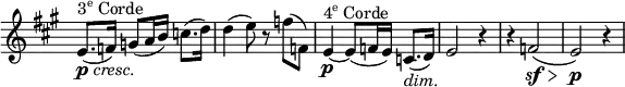 \relative c' \new Staff \with { \remove "Time_signature_engraver" } {
\set Score.tempoHideNote = ##t \tempo "" 8=92 \key a \major \time 3/4
e8.( ^\markup { \concat { 3 \super e } Corde } _\markup { \dynamic p \italic cresc. }
f16) g8( a16 b) c8.( d16) d4( e8) r f( f,)
e4~ \p ^\markup { \concat { 4 \super e } Corde } e8( f16 e) c8.( _\markup \italic dim.
d16) e2 r4 r f2\sf \> ( e\p ) r4
}