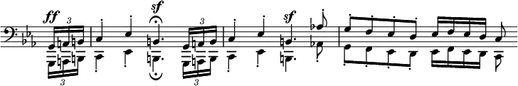\relative c' \new Staff \with { \remove "Time_signature_engraver" } { \key c \minor \time 4/4 \partial 8 \clef bass
<<
{ \times 2/3 { g,16^\ff a b } c4-. es-. b4.^\sf\fermata \times 2/3 { g16 a b } c4-. es-. b4.^\sf aes'!8-. g-. f-. es-. d-. es16 f es d c8 }
\\
{ \times 2/3 { g,16 a b } c4-. es-. b4.\fermata \times 2/3 { g16 a b } c4-. es-. b4. aes'!8-. g-. f-. es-. d-. es16 f es d c8 }
>>
}