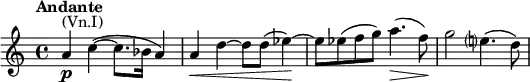 \relative a' { \key a \minor \time 4/4 \tempo "Andante" a4^\markup { (Vn.I)}_\markup { \dynamic p } c~( c8. bes16 a4) | a\< d~ d8 d( es4\!)~ | es8 es( f g) a4.(\> f8)\! | g2 e?4.( d8) }