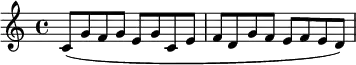 \relative c' {
\new Staff
{ \key c \major \time 4/4 (c8 g' f g e g c, e | f d g f e f e d) | }
}