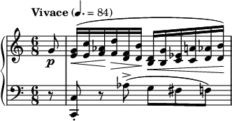 
\new PianoStaff <<
\new Staff = "Up" <<
\new Voice \relative c' {
\clef treble
\tempo "Vivace" 4.=84
\time 6/8
\key c \major
\partial 8
g'8 \p <e g>16 \< ^(<e c'> <f aes> \! <f d'> \> <d f> <d b'> \! <b d> \< <b g'> <c ees> <c a'> <d aes'> <d b'> \!)
}
>>
\new Staff = "Down" <<
\new Voice \relative c{
\clef bass
\key c \major
r8 <c, c'>-. r aes''->(g fis f)
}
>>
>>
