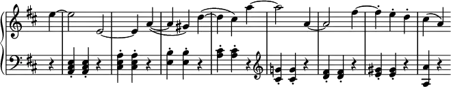 \relative c' {
\new PianoStaff <<
\new Staff \with { \remove "Time_signature_engraver" } { \key d \major \time 3/4 \partial 4
e'4~ e2 e,2~ e4 a4~( a gis) d'~( d cis) a'~ a2 a,4~ a2 fis'4~ fis-. e-. d-. cis( a)
}
\new Staff \with { \remove "Time_signature_engraver" } { \key d \major \time 3/4 \clef bass \partial 4
r4 <e, cis a>-. <e cis a>-. r <a e cis>-. <a e cis>-. r <b e,>-. <b e,>-. r <cis a>-. <cis a>-.
r \clef treble <g'! cis,>-. <g cis,>-. r <fis d>-. <fis d>-. r <gis e>-. <gis e>-. r <a a,> r
}
>>
}
