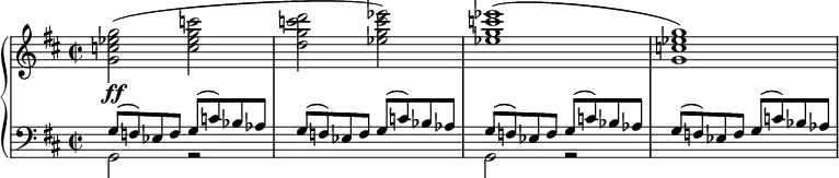 \new PianoStaff <<
\new Staff \relative c'''{\time 2/2 \key b \minor \set Score.tempoHideNote = ##t \tempo "" 2 = 112
<g es c g>2\ff( <c g es c> <d c g d> <es c g es>) <es c g es>1( <g, es c g>)}
\new Staff \relative c' {\clef bass \key b \minor <<
{\repeat unfold 4 {g8( f) es f g( c) bes as} }
\\
{g,2 r s1 g2 r s1}
>>}
>>
