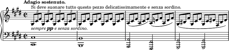 
 \relative c' {
  \new PianoStaff <<
   \new Staff { \key cis \minor \time 2/2 \tempo "Adagio sostenuto."
    \override Score.NonMusicalPaperColumn #'line-break-permission = ##f
    \times 2/3 { gis8^\markup { Si deve suonare tutto questo pezzo delicatissimamente e senza sordino. }
    [ cis e] } \times 2/3 { gis, cis e } \times 2/3 { gis,[ cis e] } \times 2/3 { gis, cis e }
    gis,8*2/3[ cis e] gis, cis e gis,[ cis e] gis, cis e
    a,([ cis e] a, cis e) a,([ d fis] a, d fis)
    gis,([ bis fis'] gis, cis e gis,[ cis dis!] fis, bis dis)
   }
   \new Dynamics {
    \override TextScript #'whiteout = ##t
    s8_\markup \italic { sempre \dynamic pp e senza sordino. }
   }
   \new Staff { \key cis \minor \time 2/2 \clef bass
    <cis, cis,>1 <b b,> <a a,>2 <fis fis,>2 <gis gis,> <gis gis,>
   }
  >>
 }
