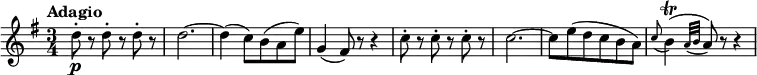 \version "2.18.2"
\relative c'' {
\key g \major
\time 3/4
\tempo "Adagio"
\tempo 4 = 50
d8-.\p r d-. r d-. r
d2. ~
d4 (c8) b (a e')
g,4 (fis8) r r4
c'8-. r c-. r c-. r
c2. ~
c8 e (d c b a)
\grace c (b4)\trill (\acciaccatura {a32 b} a8) r r4
}