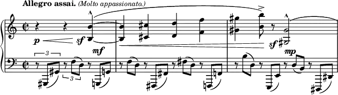 {
\relative c'
{
\new PianoStaff
<<
\new Staff
{
\key a \minor \time 2/2 \tempo \markup { "Allegro assai." \medium \small \italic "(Molto appassionato.)" }
\partial 4*3 r4 \p \< r4 \shape #'((.5 . -2.5) (1 . -1) (-2 . 0) (0 . -1)) Slur <b b'> \offset X-offset -3 \sf (~^^ |
<b b'> \< <cis cis'> <d d'> <f f'> |
<gis gis'> <b b'>8)-> \! r8 \shape #'((.25 . -2.5) (.5 . -1.5) (0 . 1) (0 . 1.5)) Slur <gis, gis'>2 ^(^^ \offset X-offset -4 \offset Y-offset -3 \sf |
<>)
}
\new Staff
{
\key a \minor \time 2/2 \clef bass
\tuplet 3/2 { r8 gis,,( gis') } \tuplet 3/2 { r8 f'( d) } \omit TupletNumber \omit TupletBracket \tuplet 3/2 { r8 g,,^\mf( g')} |
\tuplet 3/2 { r8 f'( d) } \tuplet 3/2 { r8 fis,,( fis') } \tuplet 3/2 { r8 fis'( d) } \tuplet 3/2 { r8 f,,( f') } |
\tuplet 3/2 { r8 b'( d,) } \tuplet 3/2 { r8 e,,( e') } \tuplet 3/2 { r8 d'^ \offset X-offset -1 \mp( b) } \tuplet 3/2 { r8 dis,,( dis') } |
}
>>
}
}