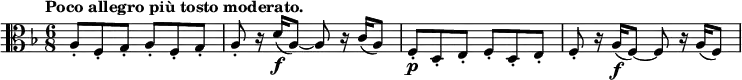 
\relative c' \new Staff { \key d \minor \time 6/8 \set Score.tempoHideNote = ##t \tempo "Poco allegro più tosto moderato." 4.=104 \clef alto
 a8-. f-. g-. a-. f-. g-. a-. r16 d\f( a8)~ a r16 c( a8)
 f-.\p d-. e-. f-. d-. e-. f-. r16 a\f( f8)~ f r16 a( f8) 
}
