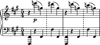 
{ \new PianoStaff <<
   \new Staff = "RH" \relative c''' { \clef treble \key a \major \time 5/4 
      r4 e!\p( g,) \bar "!"  dis'( g,) | r d'!( g,) \bar "!" c( g!) |}  
    \new Staff = "LH" \relative c, { \clef bass \key a \major  \time 5/4
      <fis fis,> r fis \bar "!" fis'  fis, | <fis fis,> r fis \bar "!" fis'  fis, |} 
   >> }
