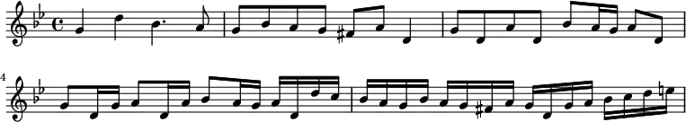 \relative c'' {
\key g \minor
\time 4/4
g4 d' bes4. a8 | g bes a g fis a d,4 | g8 d a' d, bes' a16 g a8 d, | g8 d16 g a8 d,16 a' bes8 a16 g a d, d' c | bes a g bes a g fis a g d g a bes c d e |
}