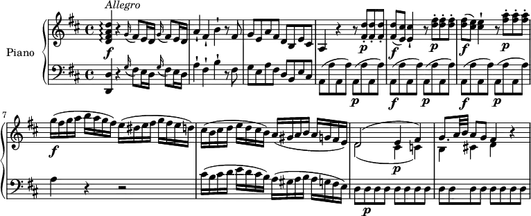 \version "2.18.2"
\header {
tagline = ##f
}
upper = \relative c' {
\clef treble
\key d \major
\time 4/4
\tempo "Allegro"
\tempo 4 = 144
%\autoBeamOff
<d fis a d>4\arpeggio \f ^\markup{ \italic {Allegro } } r
\repeat unfold 2 {\grace g16 (fis8) e16 d}
a'4-! fis-! b-! r8 fis8
g e a fis d b e cis
a4 r r8 <fis' d'>8-. \p <fis d'>-. <fis d'>-.
<fis d'> \f (<e cis'>) <e cis'>4-! r8 <d' fis>-. \p <d fis>-. <d fis>-.
<d fis>\f (<cis e>) <cis e>4-! r8 <fis a>-. \p <fis a>-. <fis a>-.
g16 \f (fis g a b a g fis) e (dis e fis g fis e d)
cis (b cis d e d cis b) a (gis a b a g fis e)
<<{\stemDown d2 _ (cis4\p c) b cis! d} \\ {\stemUp d2 ^(e4 fis) g8. a32 b a8 g fis4}>> r4
}
lower = \relative c' {
\clef bass
\key d \major
\time 4/4
\set Staff.midiMinimumVolume = #0.2 \set Staff.midiMaximumVolume = #0.5
<d,, d'>4 r4 \repeat unfold 2 { \grace g'16 (fis8) e16 d }
a'4-! fis-! b-! r8 fis8
g e a fis d b e cis
a (a ' a, a') a, \p (a ' a, a')
\repeat unfold 2 { a, \f (a ' a, a') a, \p (a ' a, a') }
a4 r4 r2
cis16 (b cis d e d cis b) a (gis a b a g fis e)
d8 d \p \repeat unfold 14 { d }
}
\score {
\new PianoStaff <<
\set PianoStaff.instrumentName = #"Piano"
\new Staff = "upper" \upper
\new Staff = "lower" \lower
>>
\layout {
\context {
\Score
\remove "Metronome_mark_engraver"
}
}
\midi { }
}