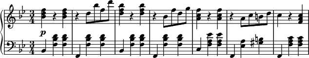 
 \relative b' {
  \new PianoStaff <<
   \new Staff { \key g \minor \time 3/4 \set Score.tempoHideNote = ##t
     \tempo 2. = 56
    <<
   {
     <bes d f>4 r <bes d f>4 r d8 bes' f d' <d, f bes>4 r <d f bes>4 r bes8 f' d g <a, c f>4 r <a c f>4 r a8 c b d c4 r <f, a c>
   }
    >>
   }
   \new Dynamics {
    s\p
   }
   \new Staff { \key g \minor \time 3/4 \clef bass
    bes,, <f' bes d> <f bes d> f, <f' bes d> <f bes d> bes, <f' bes d> <f bes d> f, <f' bes d> <f bes d> c <f a ees'> <f a ees'> f, <ees' a> <gis b> f, <f' a c> <f a c>
   }
  >>
 }
