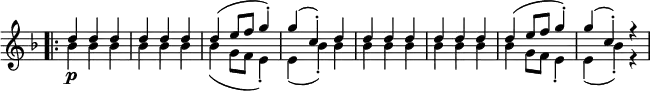 \relative c'' {
\new Staff \with { \remove "Time_signature_engraver" } { \key f \major \time 3/4 \set Score.tempoHideNote = ##t \tempo "" 2=86
<<
{ \bar ".|:" d4\p d d d d d d( e8 f g4-.) g( c,-.) d d d d d d d d( e8 f g4-.) g( c,-.) r }
\\
{ bes4 bes bes bes bes bes bes( g8 f e4-.) e( bes'-.) bes bes bes bes bes bes bes bes g8 f e4-.) e( bes'-.) r }
>>
}
}