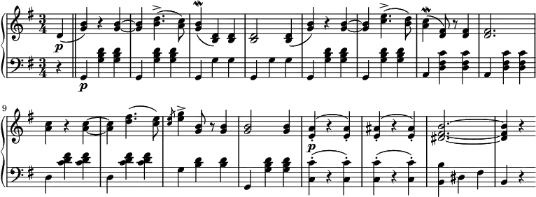 \relative b' {
\new PianoStaff <<
\new Staff { \key e \minor \time 3/4
\set Score.tempoHideNote = ##t \tempo "" 2. = 56
\partial 4 d,\p (\bar "||" <g b>) r <g b>~ <g b> <b d>4.->( <a c>8) <g b>4\mordent( <d b>) <d b> <d b>2 <d b>4( <g b>) r <g b>~ <g b> <c e>4.->( <b d>8) <c a>4\mordent( <d, fis>8) r8 <d fis>4 <d fis>2. <a' c>4 r <a c>~ <a c> <d fis>4.( <c e>8) \slashedGrace <c e> <e g>4-> <g, b>8 r <g b>4 <g b>2 <g b>4 <e a>-.\p( r <e a>-.) <e ais>-.( r <e ais>-.) <fis dis b'>2.~ <fis dis b'>4 r
}
\new Staff { \key e \minor \time 3/4 \clef bass
r4 g,,\p <g' b d> <g b d> g, <g' b d> <g b d> g, g' g g, g' g g, <g' b d> <g b d> g, <g' b d> <g b d> a, <d fis c'> <d fis c'> a <d fis c'> <d fis c'> d <c' d fis> <c d fis> d, <c' d fis> <c d fis> g <b d> <b d> g, <g' b d> <g b d> <c, c'>-.( r <c c'>-.) <c c'>-.( r <c c'>-.) <b b'> dis fis b, r
}
>>
}