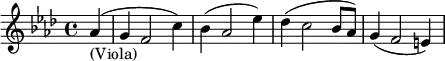 \relative c' {\key f \minor \partial 4 aes'4 _\markup { (Viola)}( g f2 c'4) bes( aes2 es'4) des4( c2 bes8 aes) g4( f2 e4)}