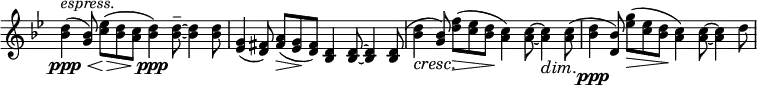 
\relative c' \new Staff \with { \remove "Time_signature_engraver" } {
 \key g \minor \time 12/8
  <d' bes>4\ppp ^\markup \italic espress. \<( <bes g>8) <es c>\>( <d bes> <c a> <d bes>4\ppp) <d~ bes~>8-- <d bes>4 <d bes>8
  <g, es>4( <fis d>8) <a fis>\>( <g es>\! <fis d>) <d bes>4 <d~ bes~>8 <d bes>4 <d bes>8(
  <d' bes>4\cresc <bes g>8) <f' d>\>( <es c> <d bes>\! <c a>4) <c~ a~>8 <c a>4\dim <c a>8\!(
  <d bes>4\ppp <bes d,>8) <g' es>\>( <es c> <d bes>\! <c a>4) <c~ a~>8 <c a>4 d8
}
