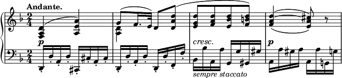 
 \relative c' {
  \new PianoStaff <<
   \new Staff { \key d \minor \time 2/4 \tempo "Andante."
    \set tieWaitForNote = ##t
    <<
     {
      <d a f>4( <a' e a,>) g8( f16. e32) d8 <d' a d,>( <d g, e>[ <d a f> <d bes e,> <d b f>]) <d a~ f>4( _\( <cis a e>8) \) b\rest
     }
    \\
     { s2 <d, a>4 }
    >>
   }
   \new Dynamics {
    s2\p s2 s8\cresc s8\! s4 s2\p
   }
   \new Staff { \key d \minor \time 2/4 \clef bass
    d,,16-. d'-. a-. d-. cis,-. cis'-. a-. cis-. d,-. d'-. a-. d-. d,-. d'-. f,-. f'-.
    bes,_\markup \italic { sempre staccato } bes' a, a' g, g' gis, gis' a, a' gis a a, a' g,! g'
   }
  >>
 }
