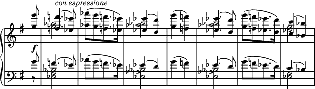 
 \relative c' {
  \new PianoStaff <<
   \new Staff \with { \remove "Time_signature_engraver" } { \key g \major \time 2/4 \partial 8
    <<
     {
      <g''' g,>8\f <f f,>4.^\markup \italic { con espressione }( <es es,>8)
      \stemDown <aes aes,>( [ <g g,> <f f,>8. <es es,>16] )
      \stemUp <es es,>4( <d d,>) \stemDown <g g,>( <f f,>) \stemUp <es es,>4.( <d d,>8)
      \stemDown <g g,>( [ <f f,> <es es,>8. <d d,>16] ) \stemUp <c c,>4( <bes bes,>)
     }
    \\
     { s8 <bes g>2 s <bes aes> s <bes aes> s <g es> }
    >>
   }
   \new Staff \with { \remove "Time_signature_engraver" } { \key g \major \time 2/4 \clef bass
    <<
     {
      g,8 f4.( es8) \stemDown aes( [ g f8. es16] ) \stemUp es4( d) \stemDown g( f)
      \stemUp es4.( d8) \stemDown g( [ f es8. d16] ) \stemUp c4( bes)
     }
    \\
     { d,8\rest <bes' g es>2 s <bes aes es> s <bes aes es> s <g es> }
    >>
   }
  >>
 }
