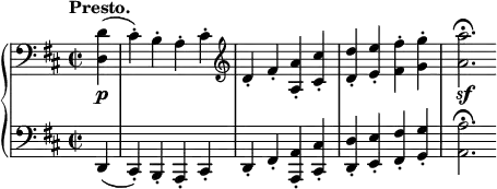 
 \relative c' {
  \new PianoStaff <<
   \new Staff { \key d \major \time 2/2 \tempo "Presto." \partial 4 \clef bass
    <d d,>4( cis-.) b-. a-. cis-.
    \clef treble d-. fis-. <a a,>-. <cis cis,>-.
    <d d,>-. <e e,>-. <fis fis,>-. <g g,>-. <a a,>2.\fermata
   }
   \new Dynamics {
    s4\p s1 s s s2.\sf
   }
   \new Staff { \key d \major \time 2/2 \clef bass
    d,,,,4( cis-.) b-. a-. cis-. d-. fis-. <a a,>-. <cis cis,>-.
    <d d,>-. <e e,>-. <fis fis,>-. <g g,>-. <a a,>2.\fermata
   }
  >>
 }
