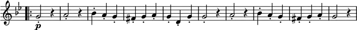 \relative c'' \new Staff \with { \remove "Time_signature_engraver" } {
\set Score.tempoHideNote = ##t \tempo "" 4=50 \key g \minor \time 3/4
\bar ".|:" g2-.\p r4 a2-. r4 bes-. a-. g-. fis-. g-. a-. g-. d-. g-.
g2-. r4 a2-. r4 bes-. a-. g-. fis-. g-. a-. g2 r4
}