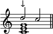 <<{\omit Staff.TimeSignature d''2^"↓倚音"c''2}\\{<c'e'g'>1 \bar "||"}>>